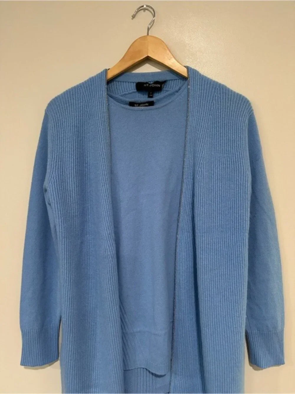 St. John Blue Cashmere 2-Piece Long Cardigan & Shell Set Petite P